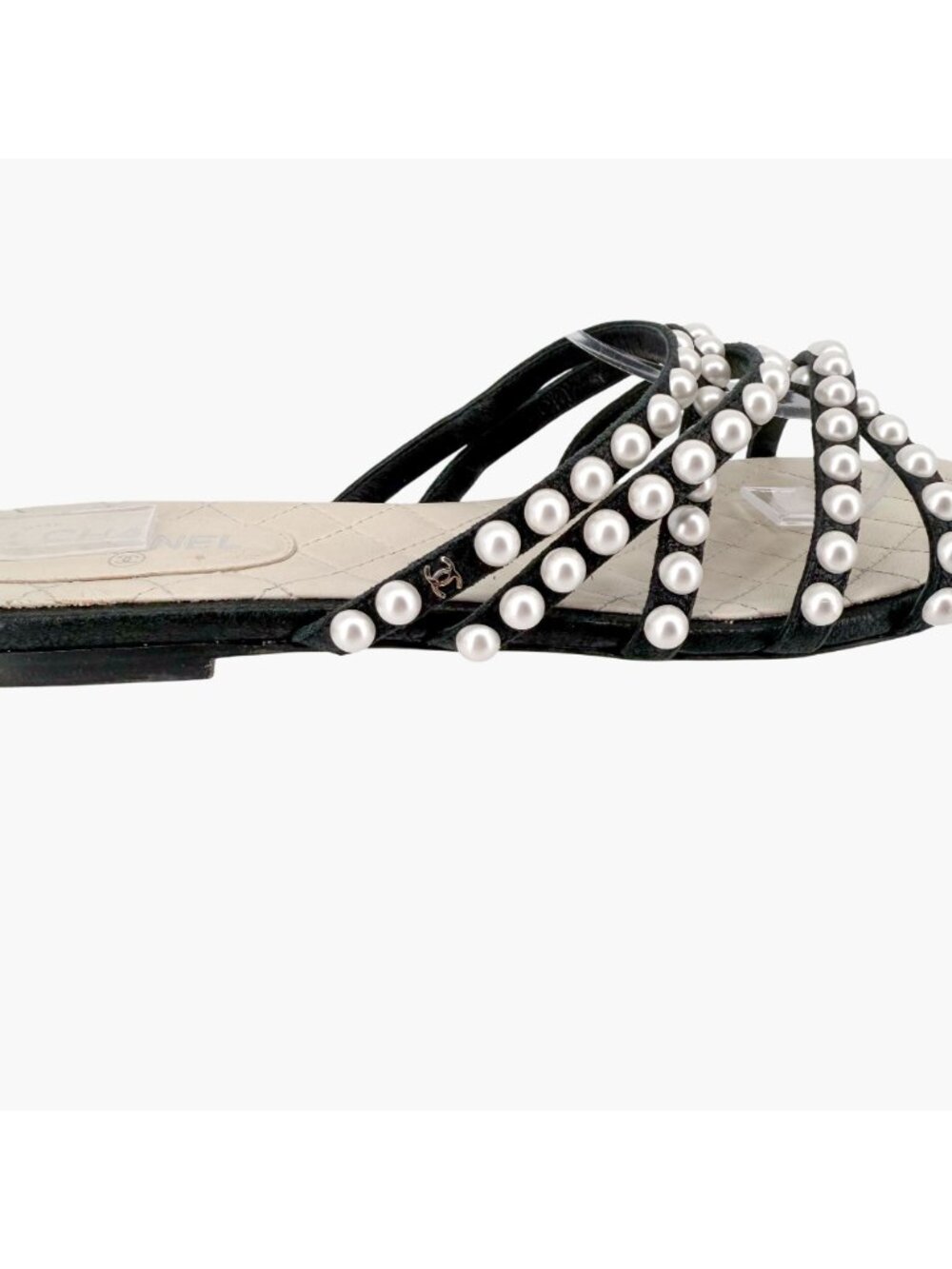 Chanel CC Pearl Strappy Slide Sandals Black White Flat Size 38.5 US 7.5-8 Women - Picture 9 of 14